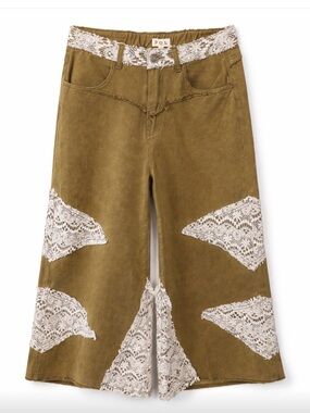 POL Olive Corduroy Wide-Leg Crop Pants with White Lace Insets
